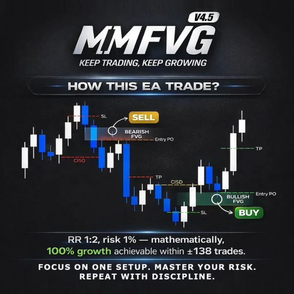 MMFVG v4.5 Expert Advisor using Fair Value Gap strategy with 1:2 risk reward and 1 percent risk management setup